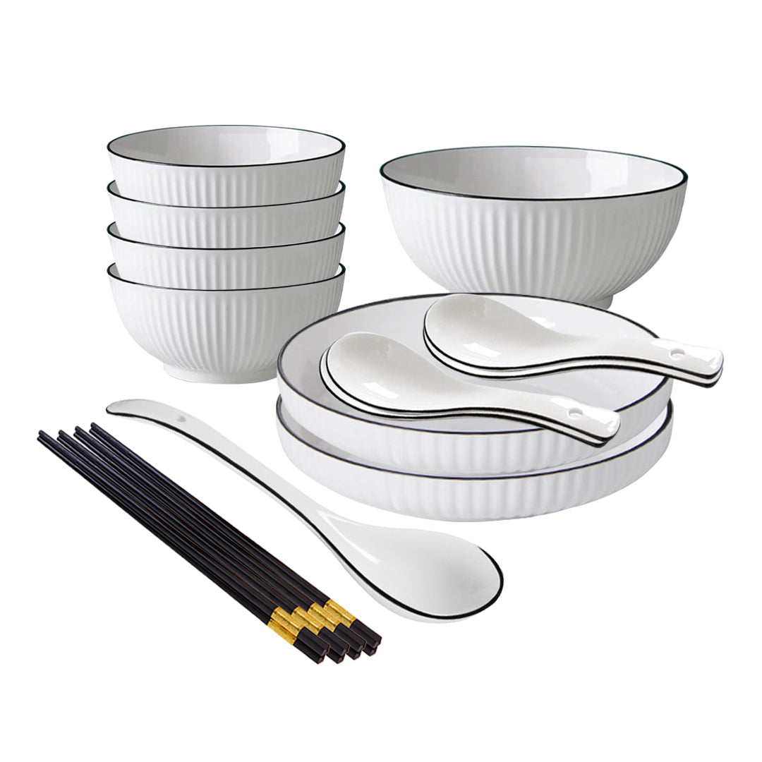 Japanese Style White Ceramic Dinnerware Bowl Set