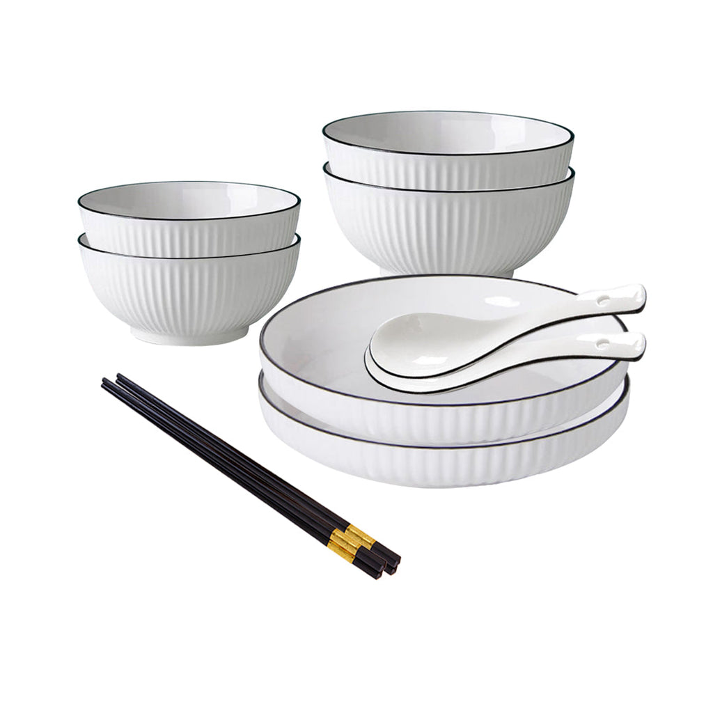 Japanese Style White Ceramic Dinnerware Bowl Set