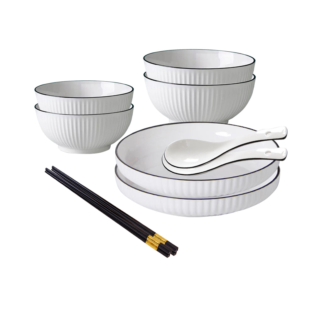 Japanese Style White Ceramic Dinnerware Bowl Set